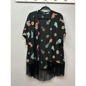 Torrid Kimono Cardigan Womens 0/1 Black Floral Embroidered Fringe Boho